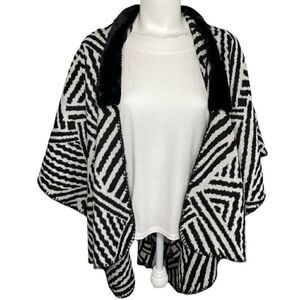 LOFT Cardigan Wrap Women's MEDIUM Black‎ White Zebra Faux-Fur Collar Draped NWOT